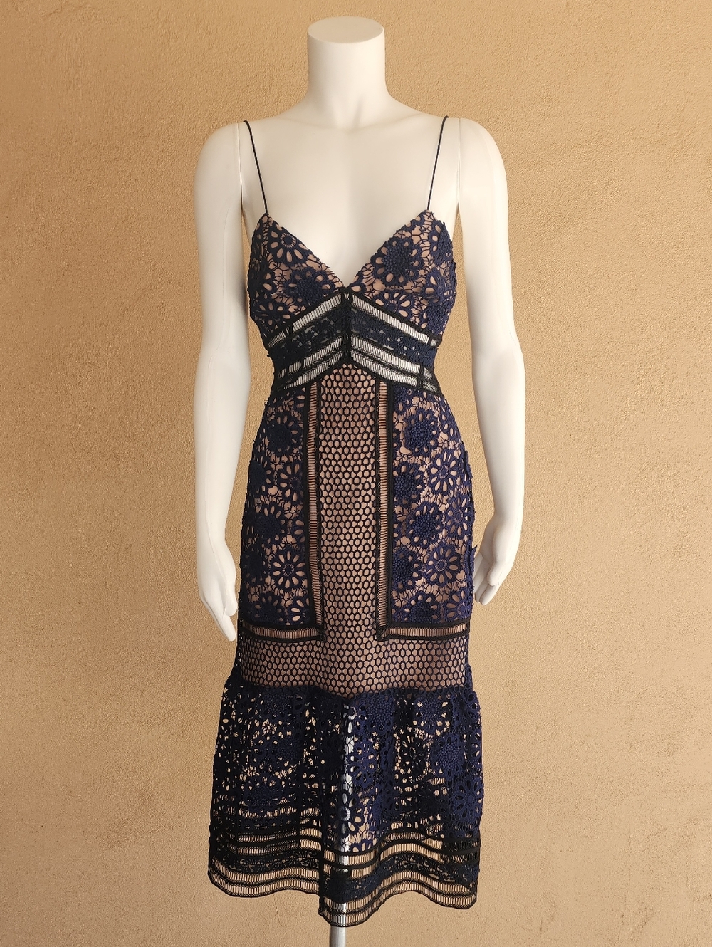 SELF-PORTRAIT Guipure Lace Midi Dress Size 0 Blue Nude Crochet A Line Party Wedd - Picture 5 of 15